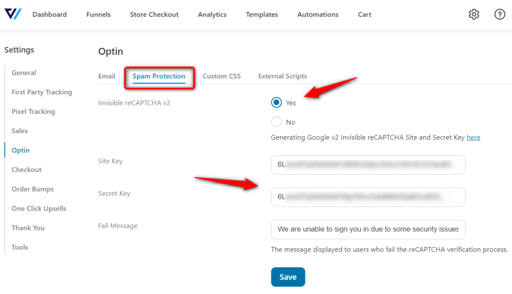 Spam Protection for global Optin Page settings