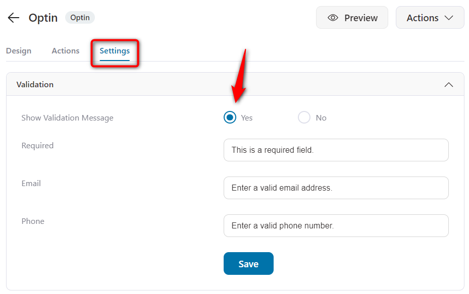 Optin Page Validation Settings