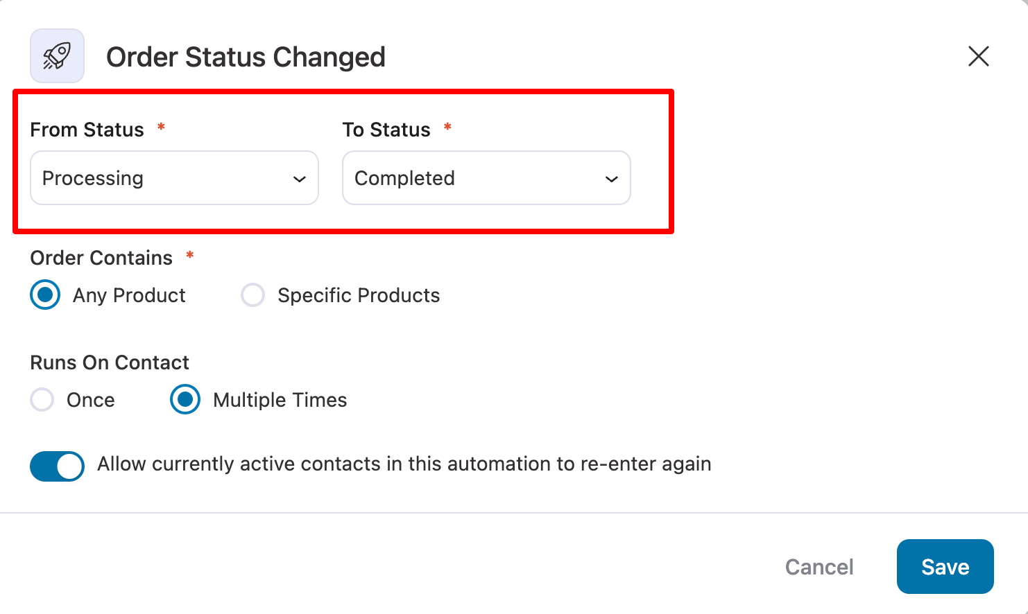 order status changed from processing to completed