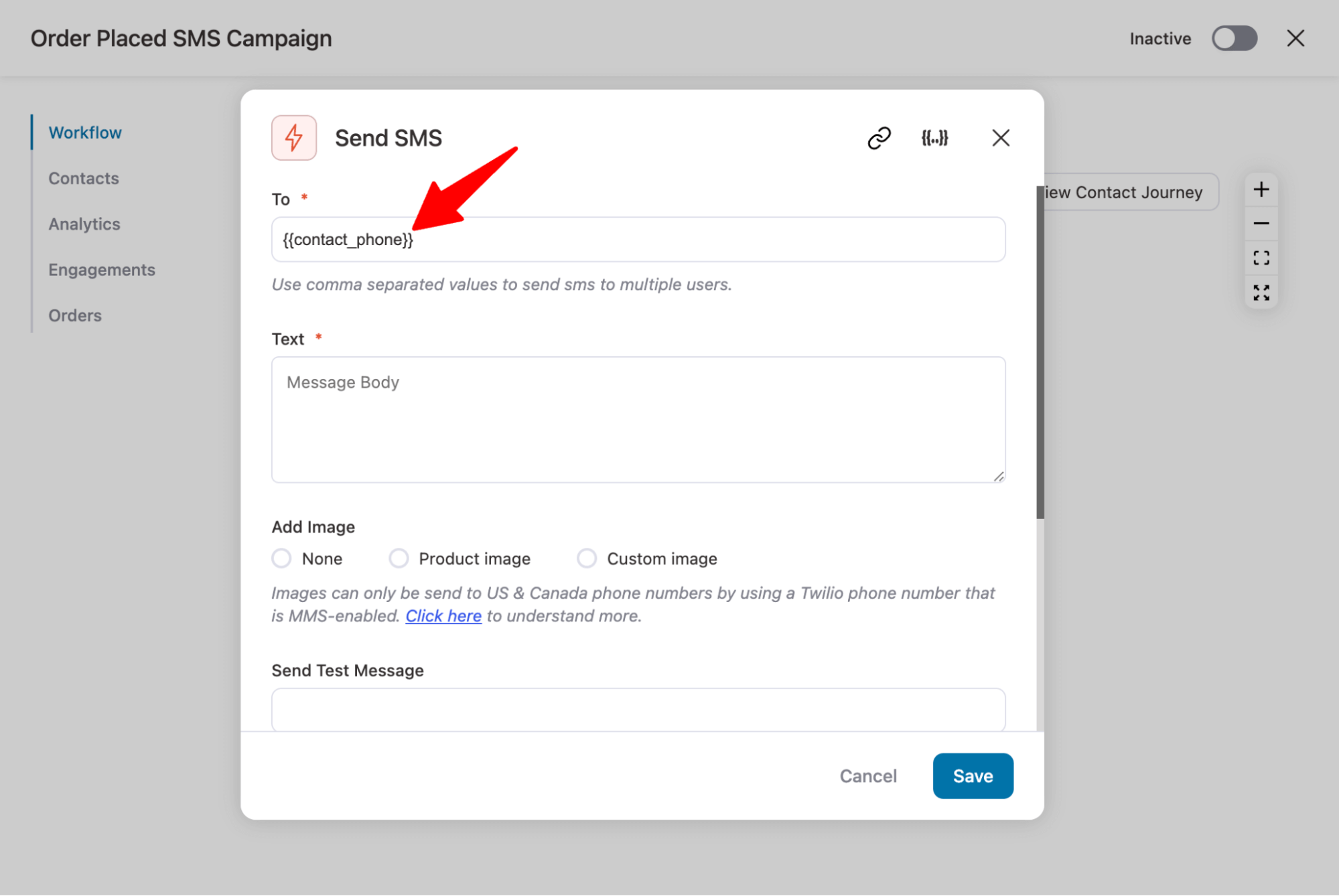 paste contact phone to send to field