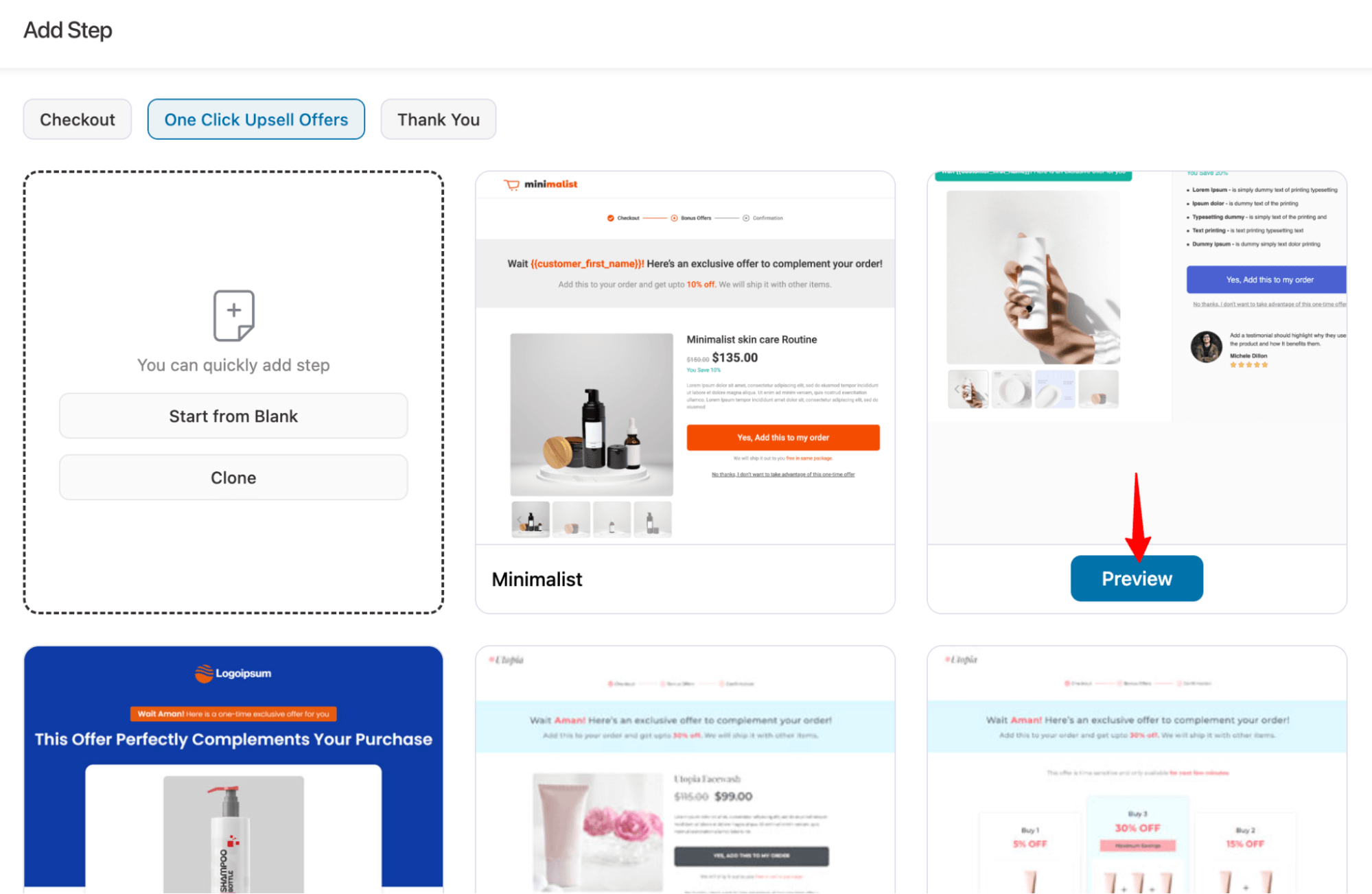 preview upsell template