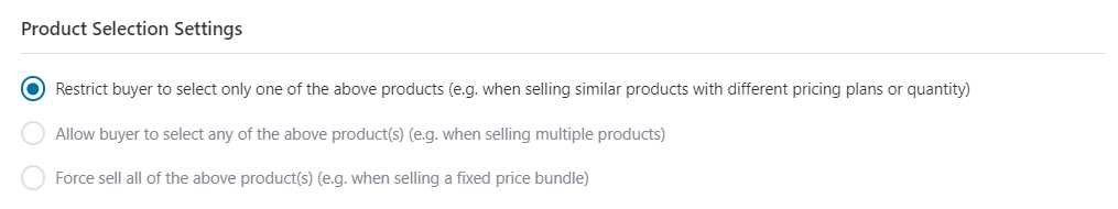 Product selection settings
