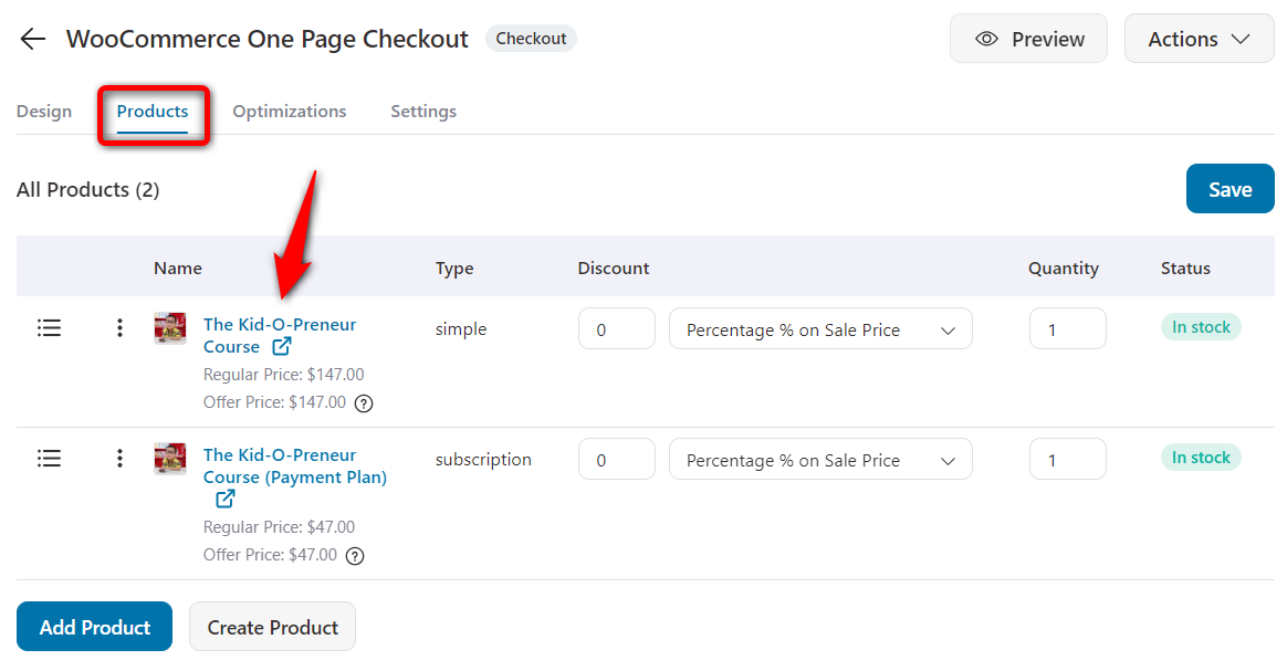 Add products to your One Page Checkout
