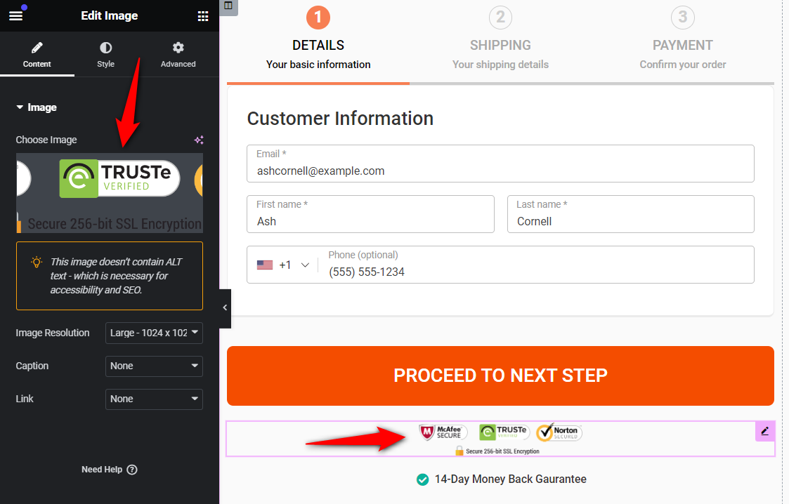 Add trust and security seals below your woocommerce custom checkout page