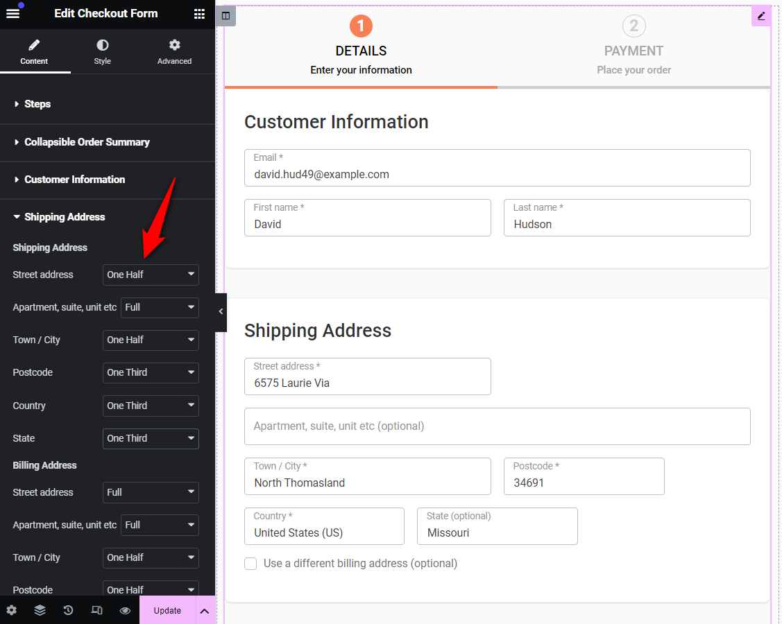 Customize the field width of your customer's information, shipping address and billing address fields on the checkout form
