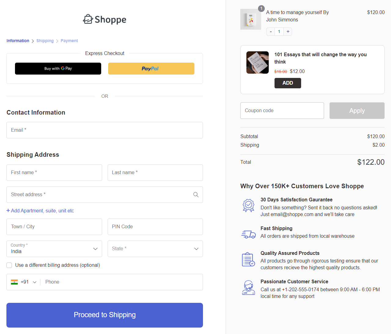Shopify style multi-step checkout page example