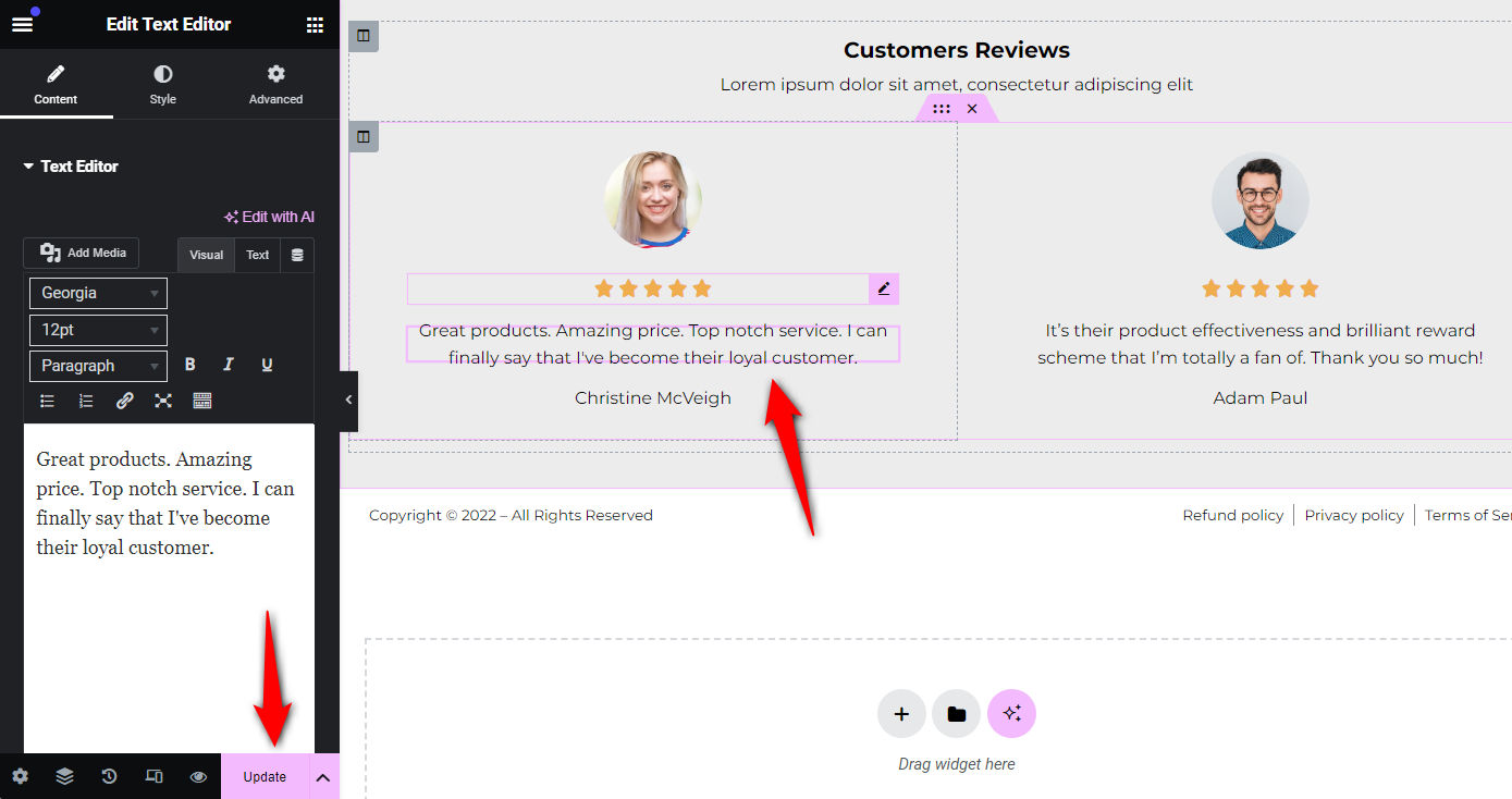 Edit the social proof or customer testimonials section on the woocommerce checkout page template