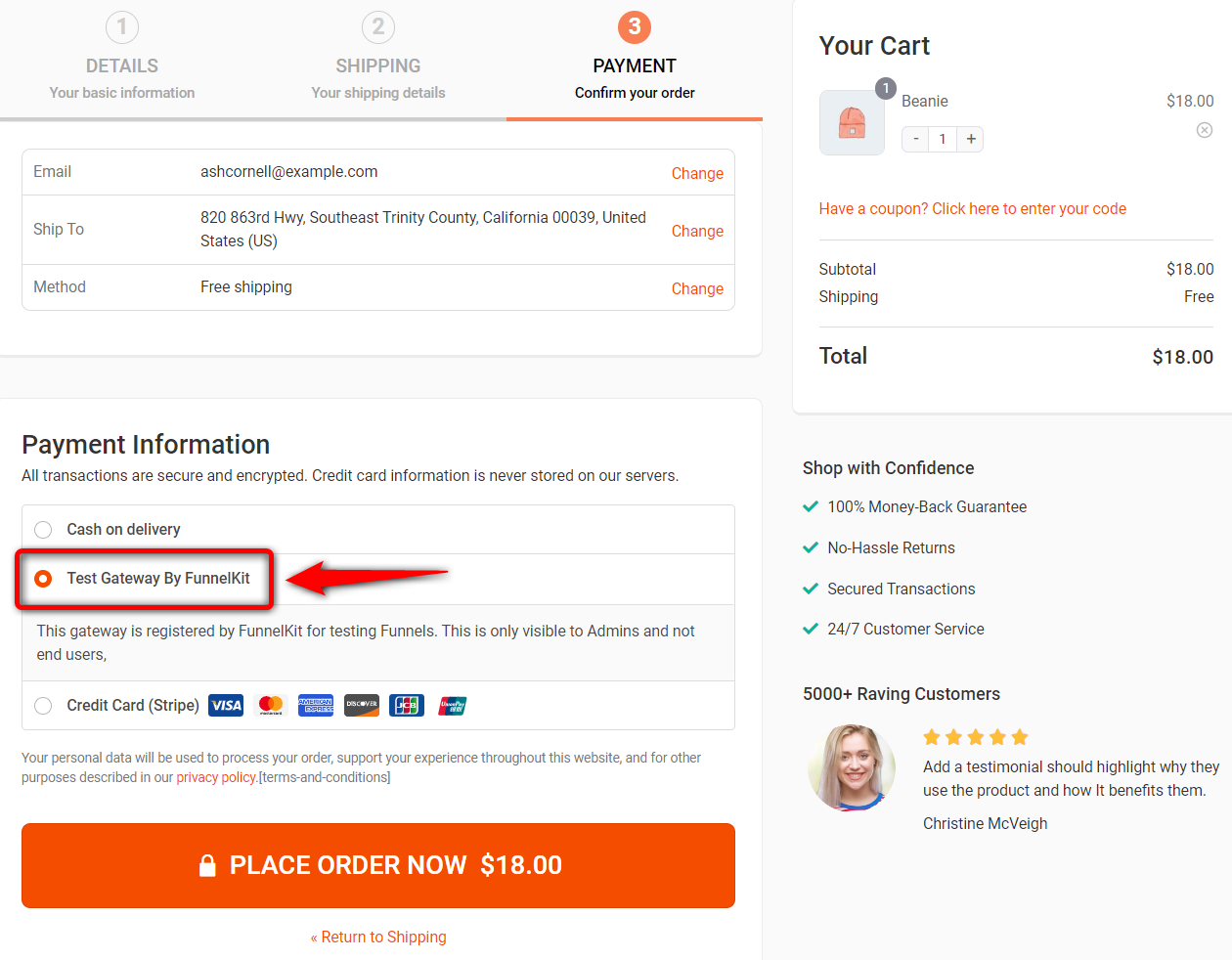 Choose the test gateway when testing your WooCommerce payment transactions
