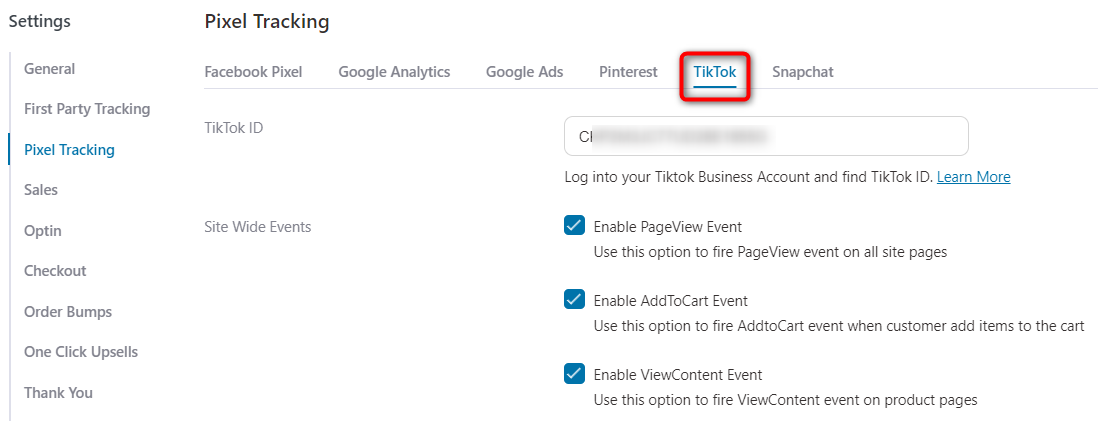 Enable the events you want to track