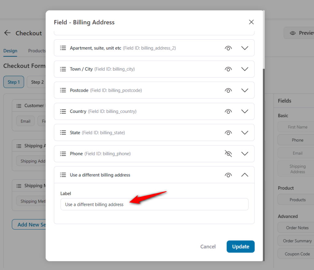 Edit the use different billing address label