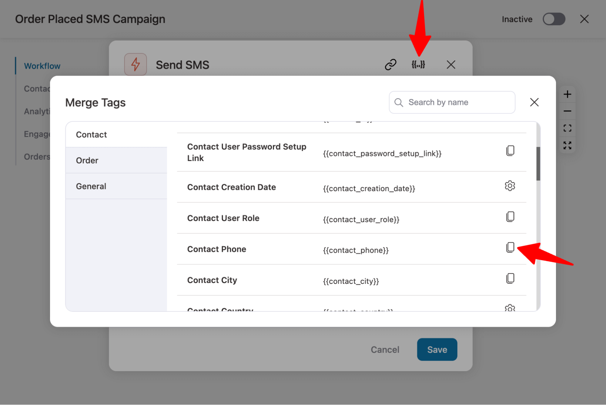 use merge tag contact phone to send WooCommerce SMS notiication