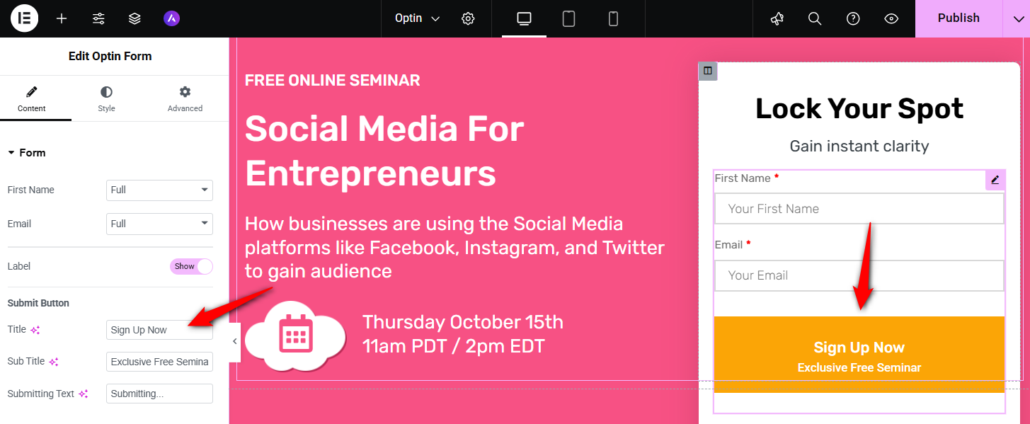 customize cta button of optin page