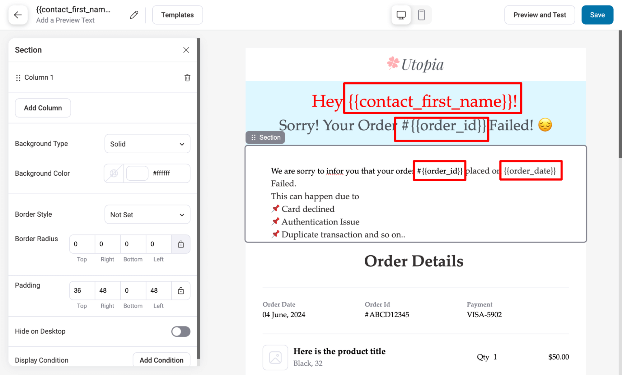 add merge tag on failed order email to personalzie it