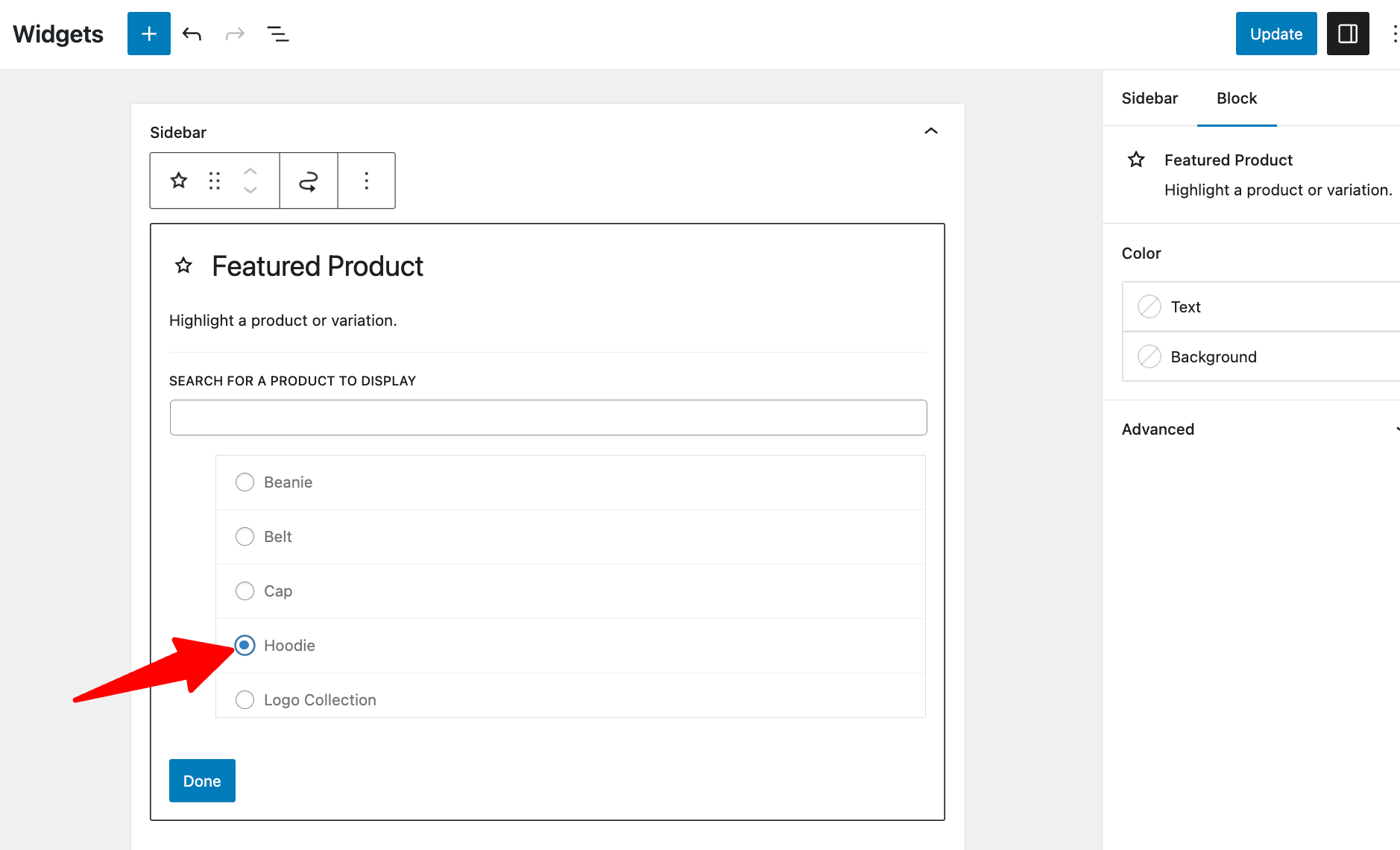 add product to featured product widget on side bar