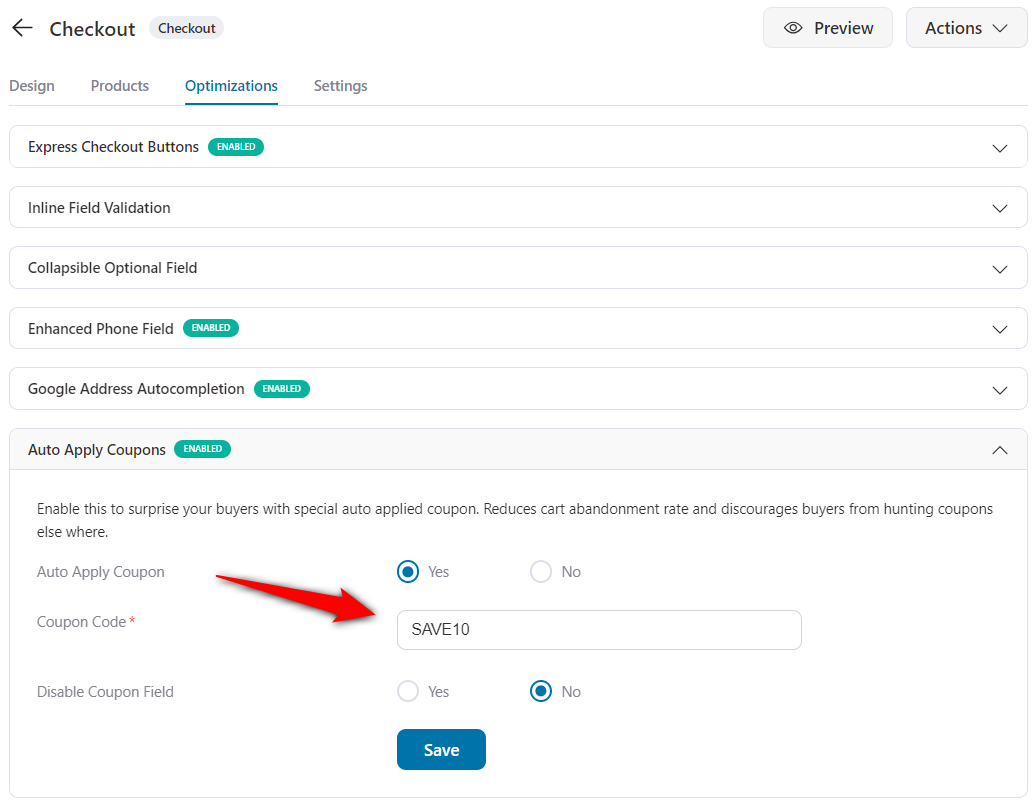 Enable auto-apply coupons in the FunnelKit checkout optimization options