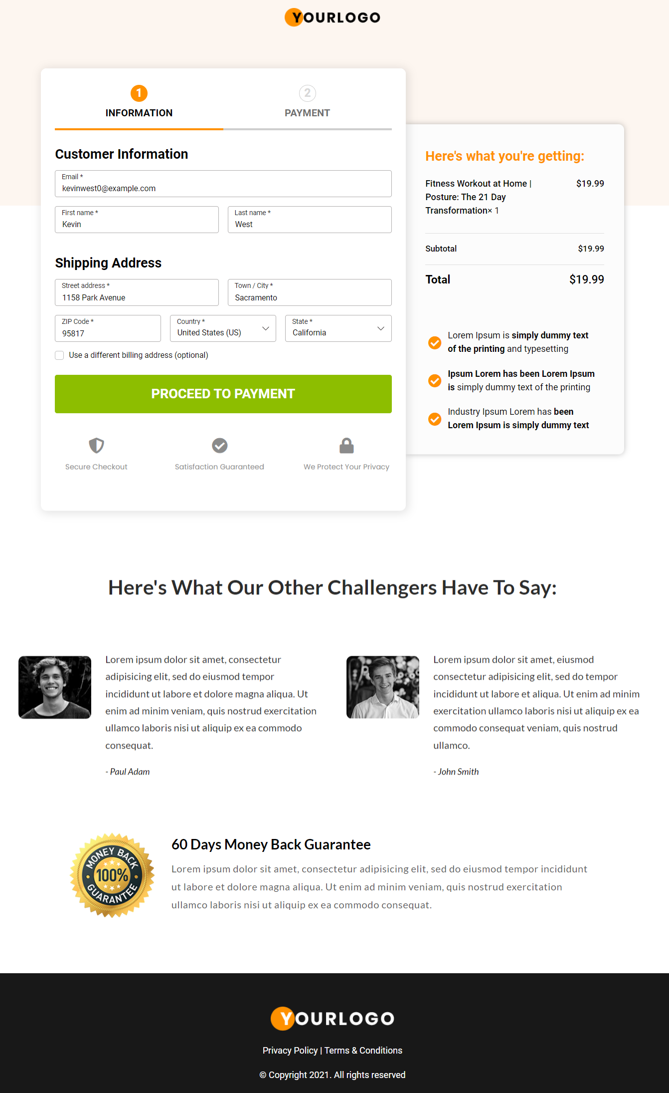 Preview of the challenger checkout template in lead generation funnel