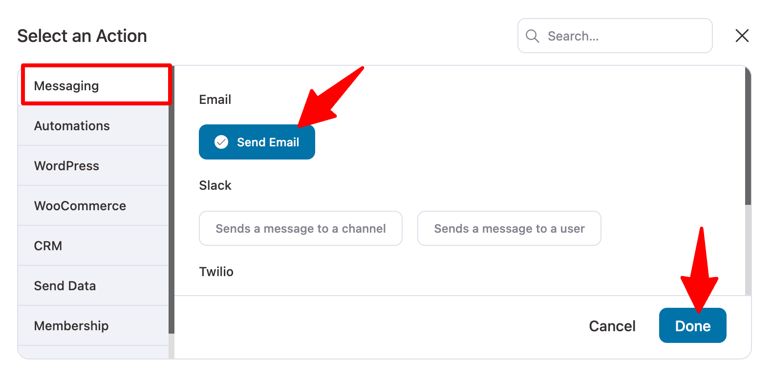 choose send email action and click on done