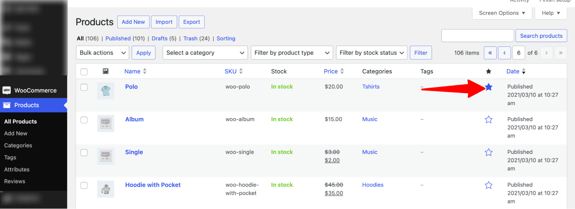 click on star to set WooCommerce featured product