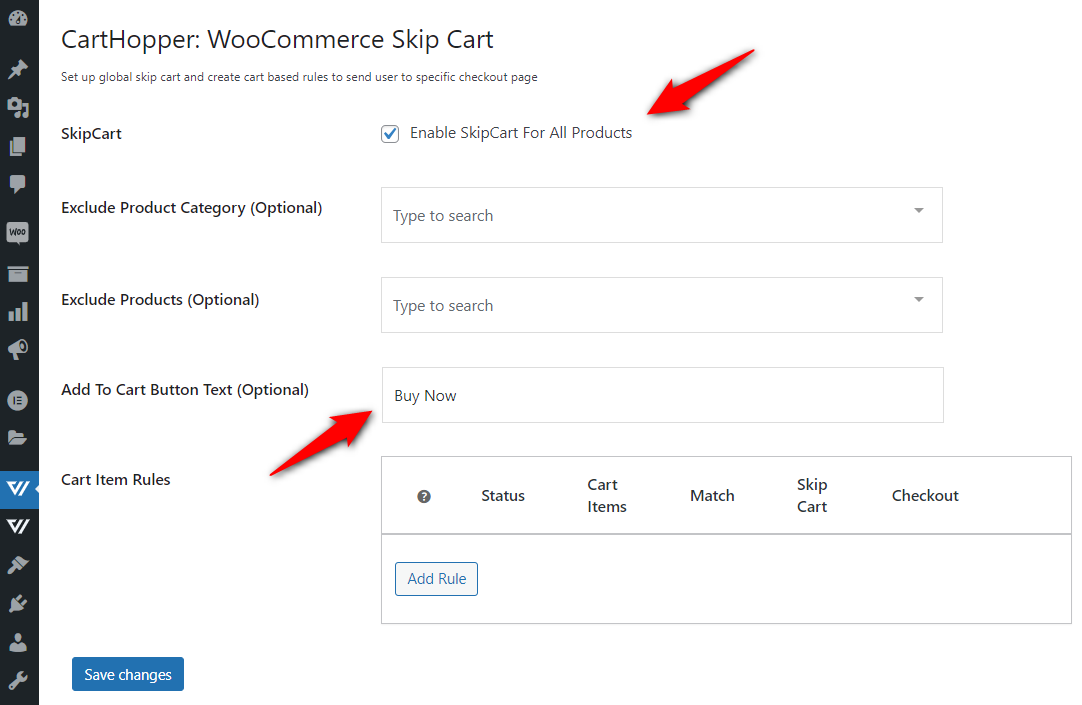 Configure carthopper - woocommerce buy now button settings