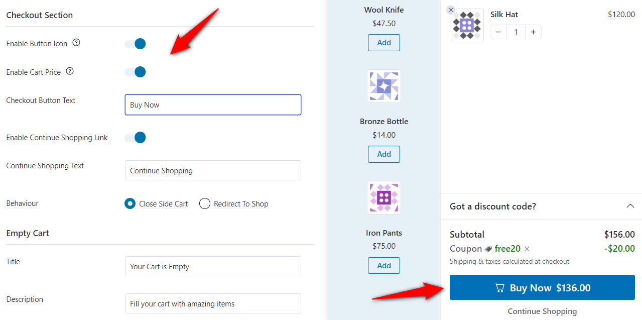 Customize the woocommerce buy now button text, enable button icon, cart price, and set up the cart behavior