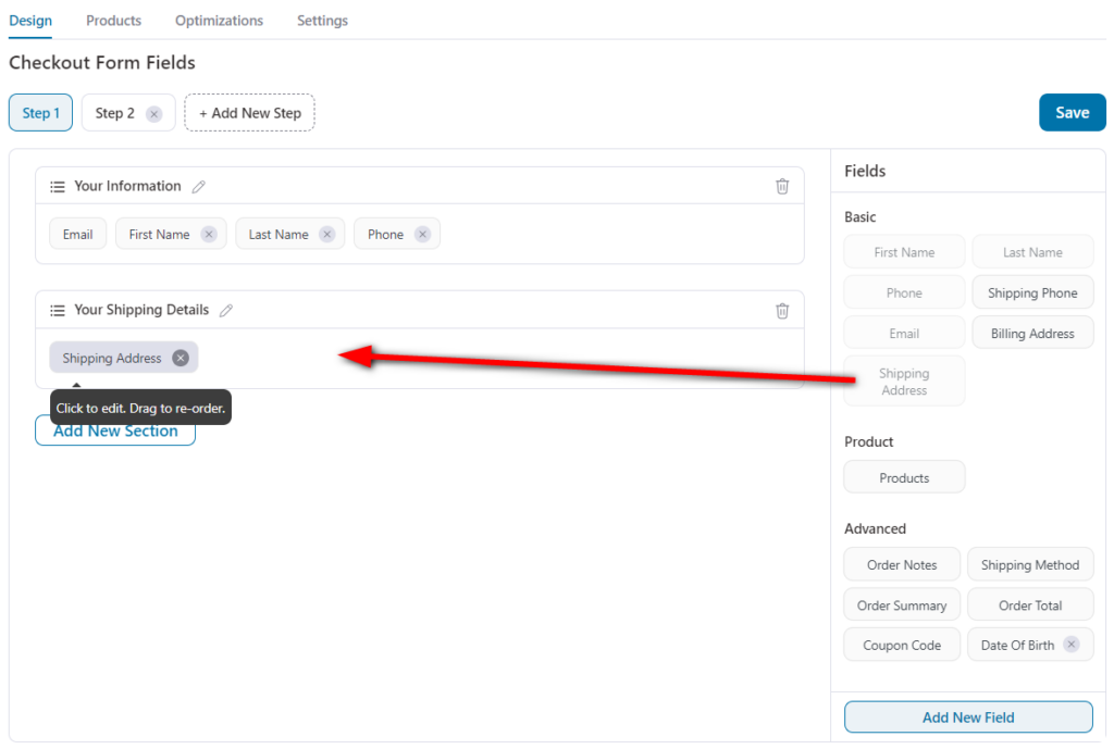 How to test woocommerce checkout - drag and drop shipping field into your checkout form