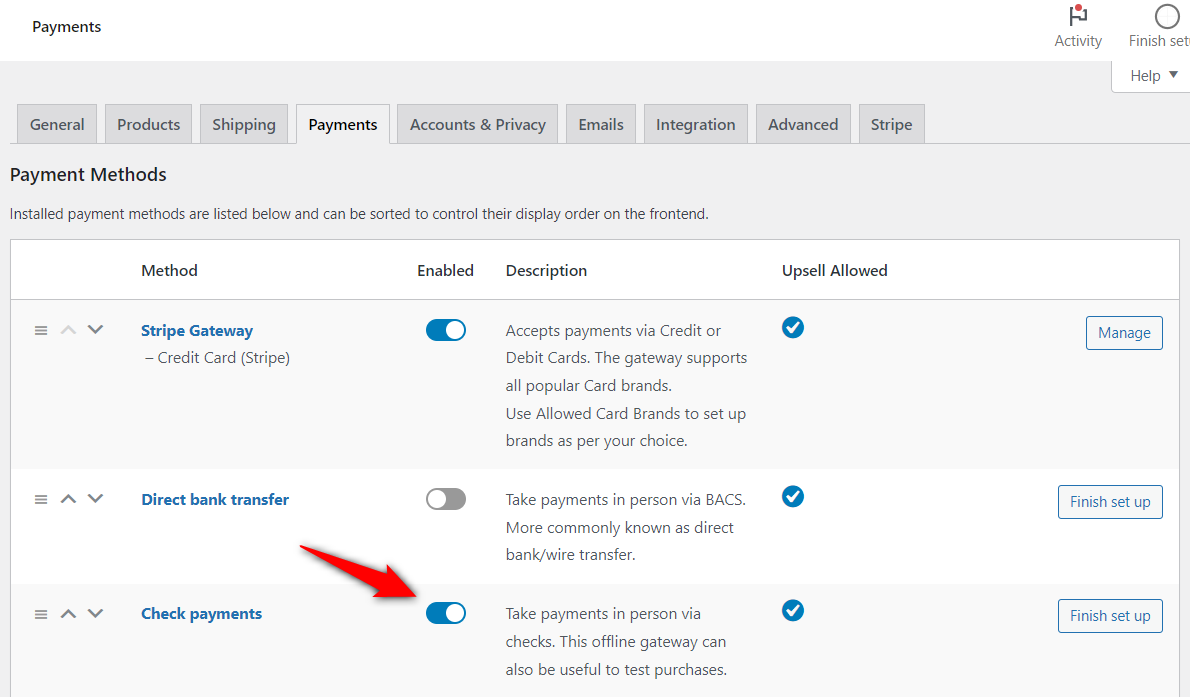 Enable check payment method from the woocommerce payment settings