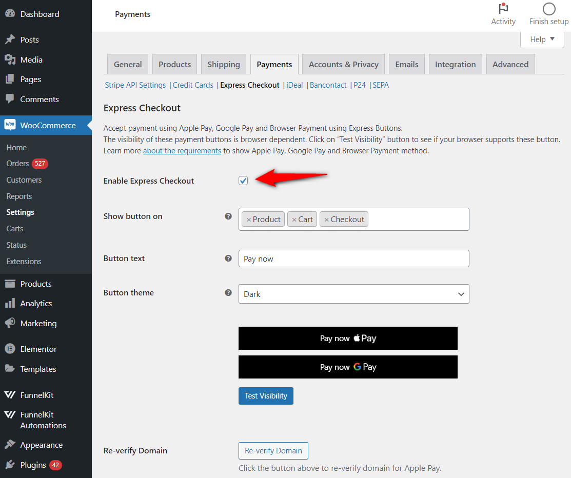Enable express checkout payment method from woocommerce payment settings