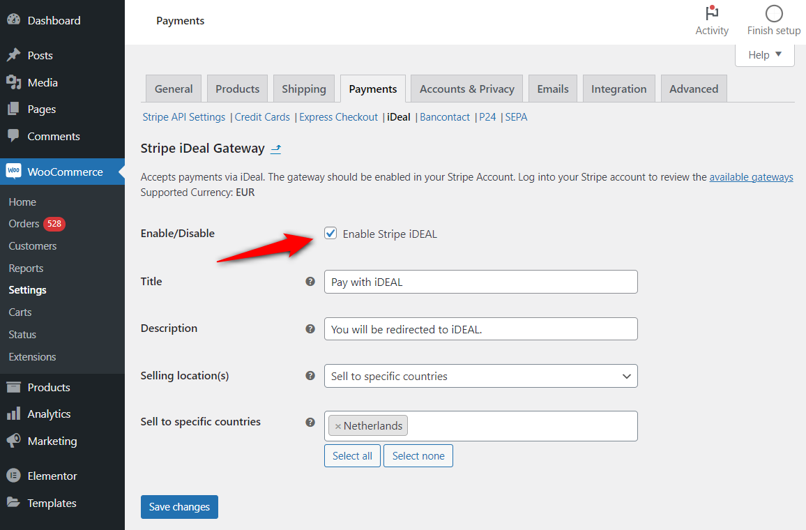 Enable the iDEAL payment method from woocommerce payment settings