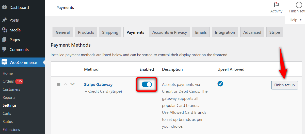 Navigate to woocommerce payment settings and click on stripe gateway