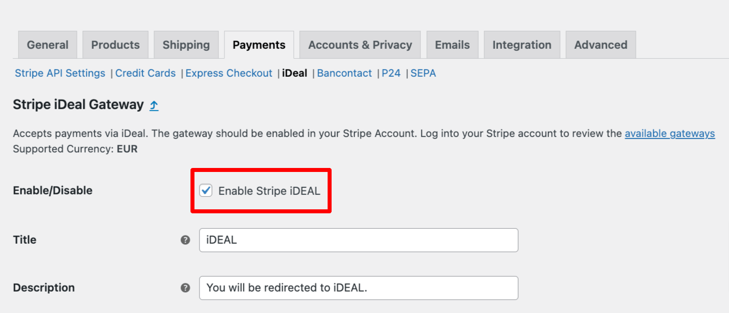 enable stripe iDEAL from WooCommerce