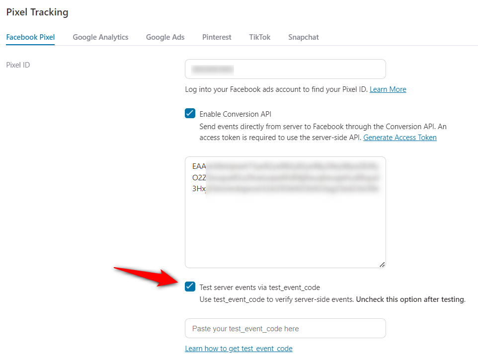 On the Funnel Builder settings section, enable the ‘Test server events via test_event_code’