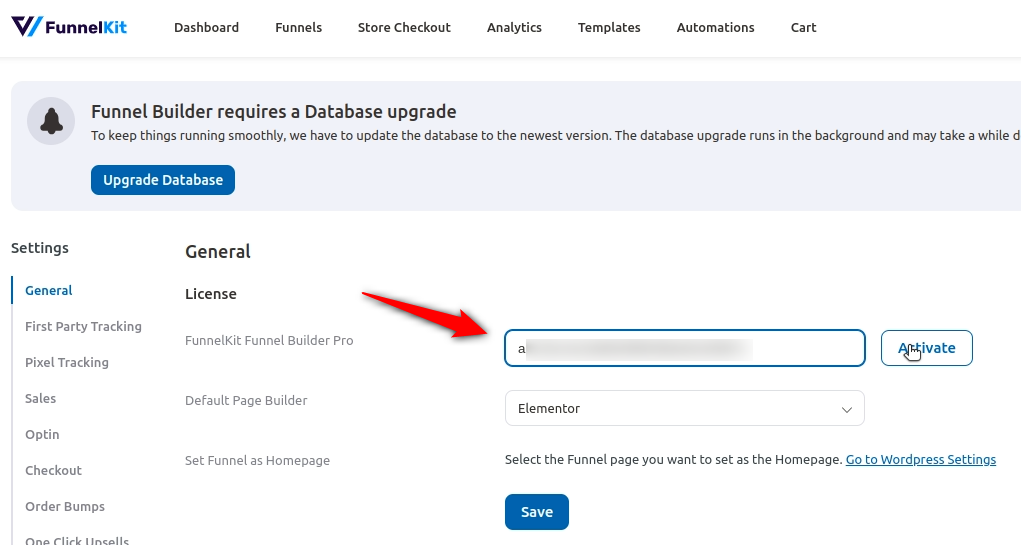 Enter the FunnelKit license key and activate it