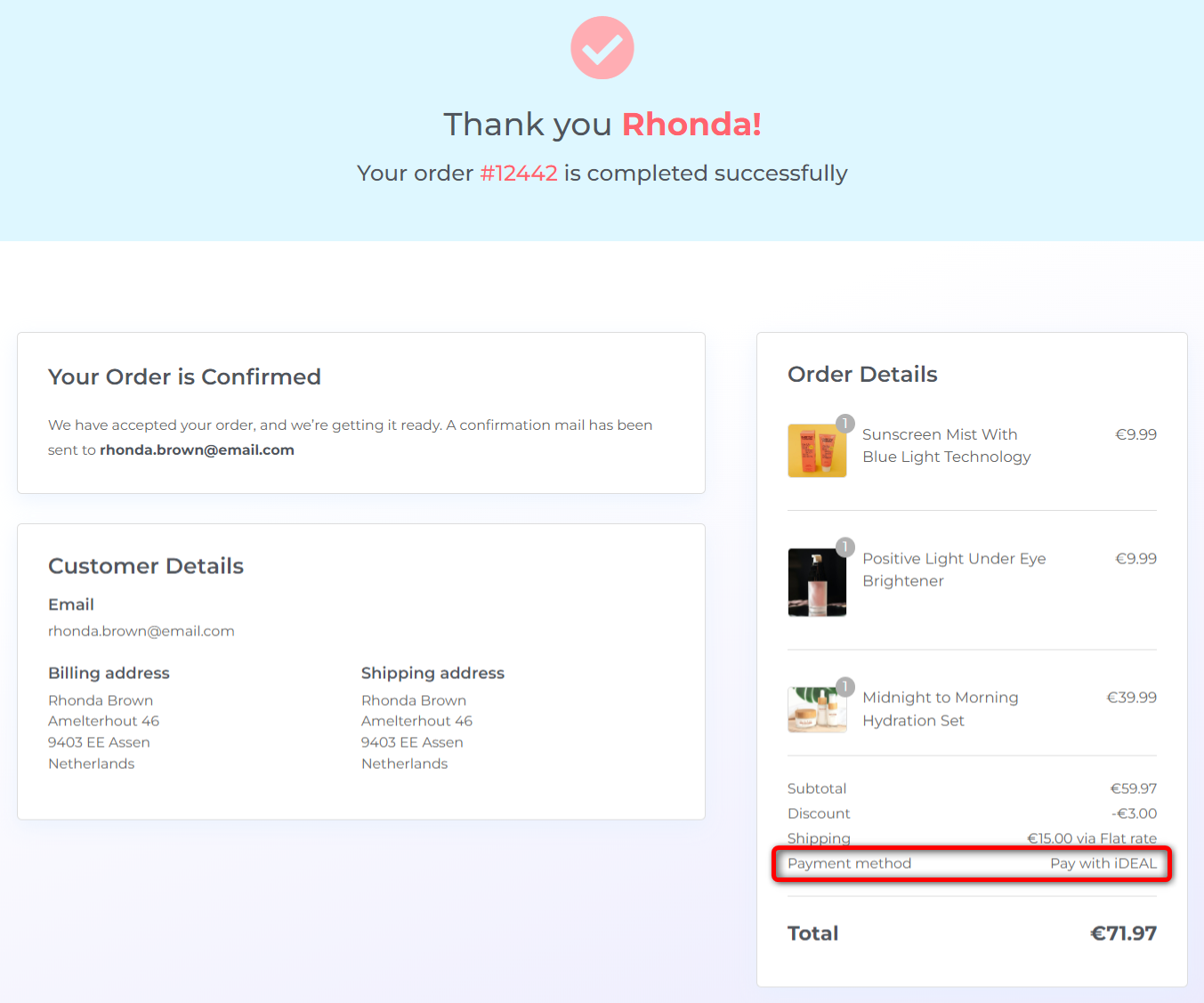 Verify the order confirmation page shows all the details and correct payment method