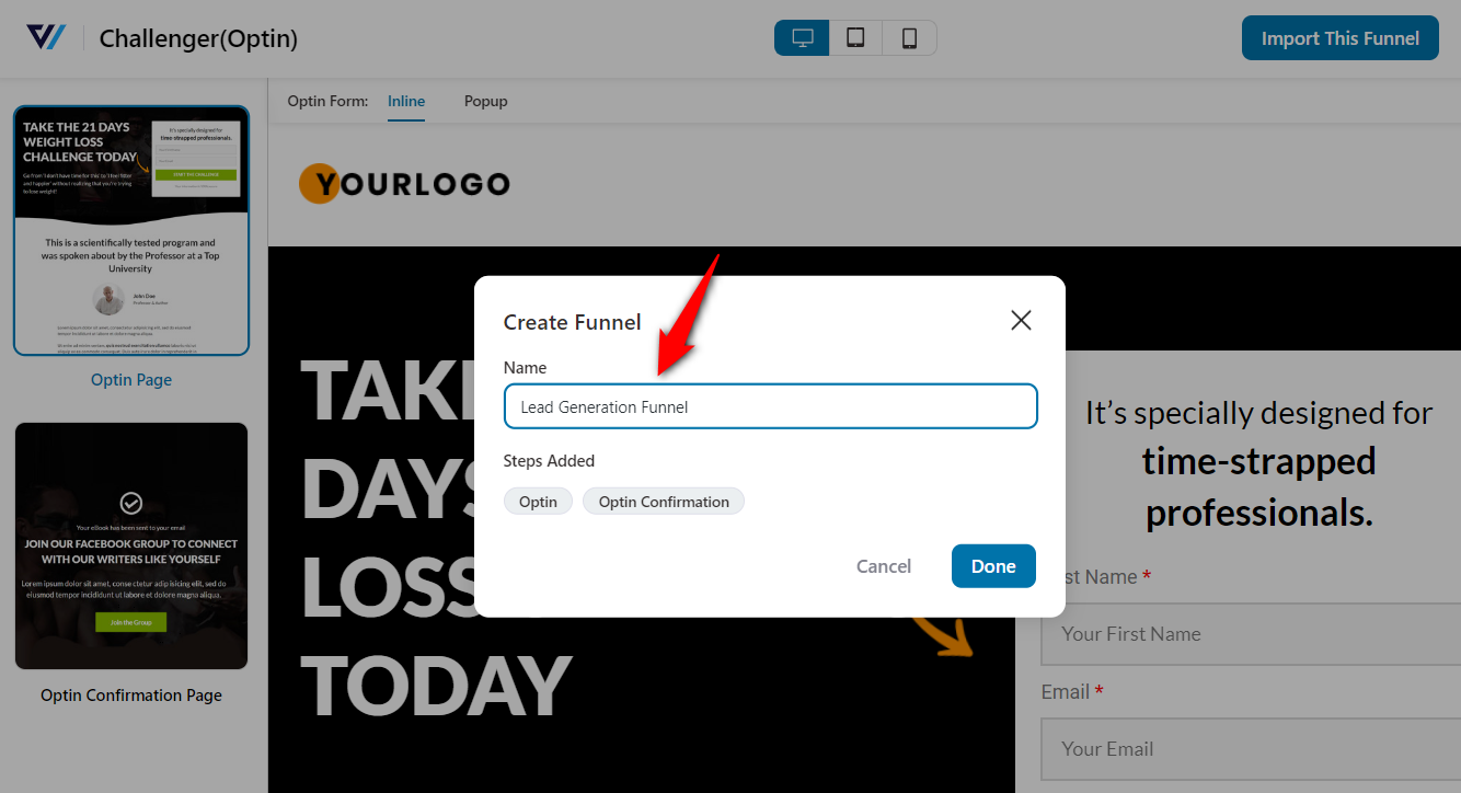 Enter the name of your lead generation funnel