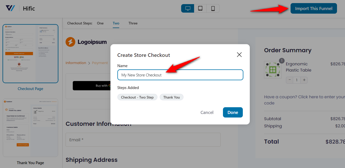 Name your store checkout and import the funnel
