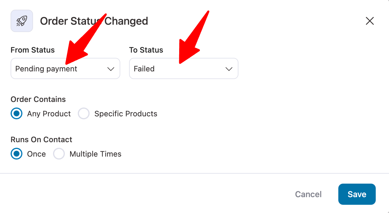 order status changed from pending payment to failed order