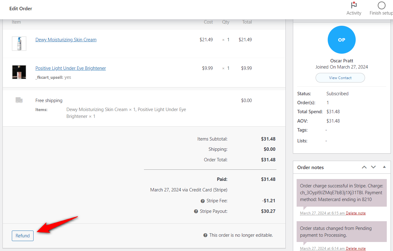 How to test woocommerce checkout and payments for refunds - click on the refund button