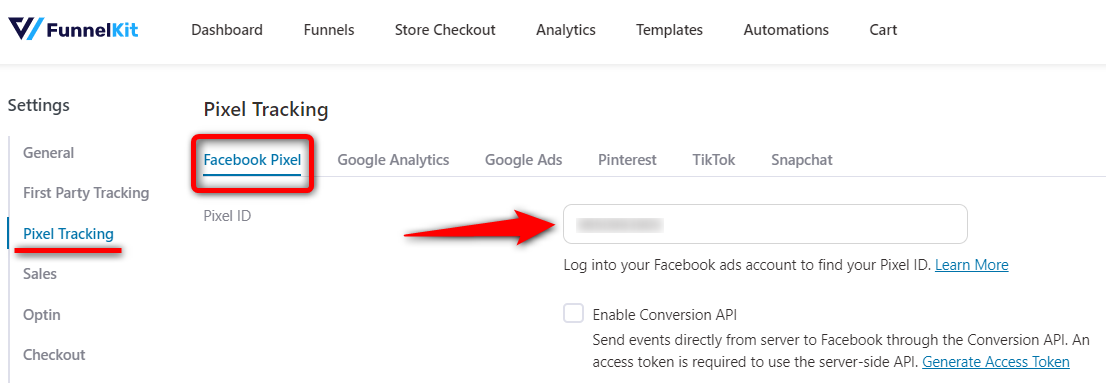 Paste the WooCommerce Facebook Pixel ID into the Funnel Builder