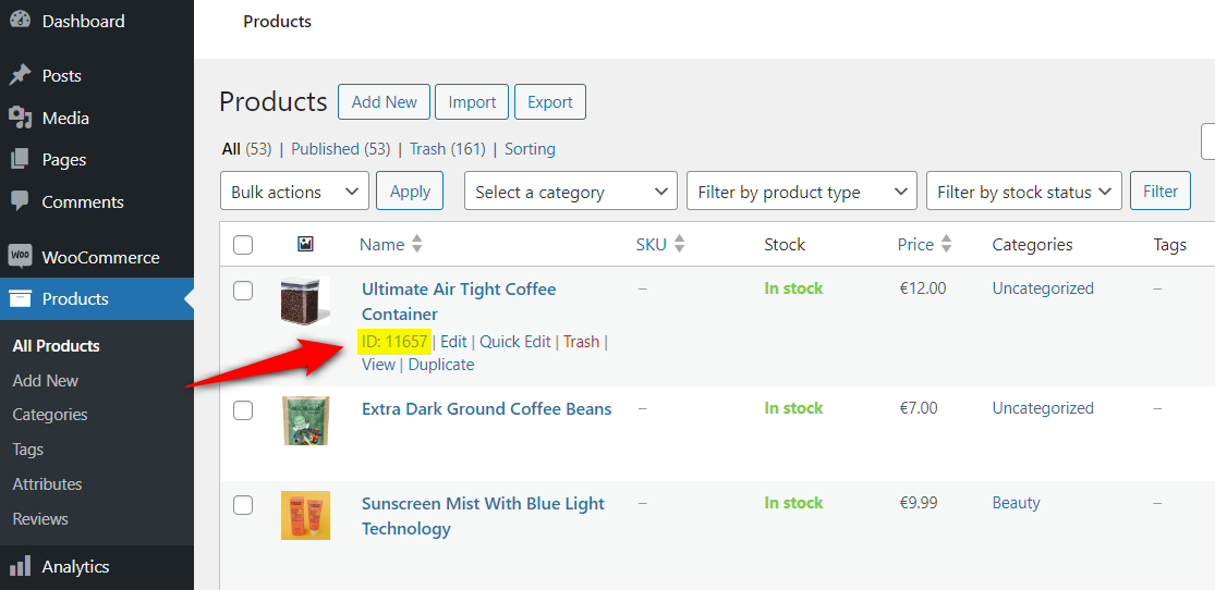 Find the product ID by navigating to Products - All Products from WordPress dashboard