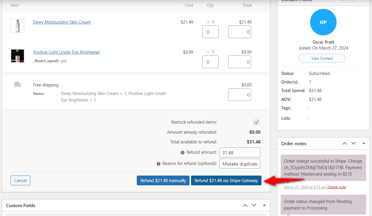 How to test woocommerce checkout and payments for refunds - enter the amount to refund and click refund via Stripe Gateway