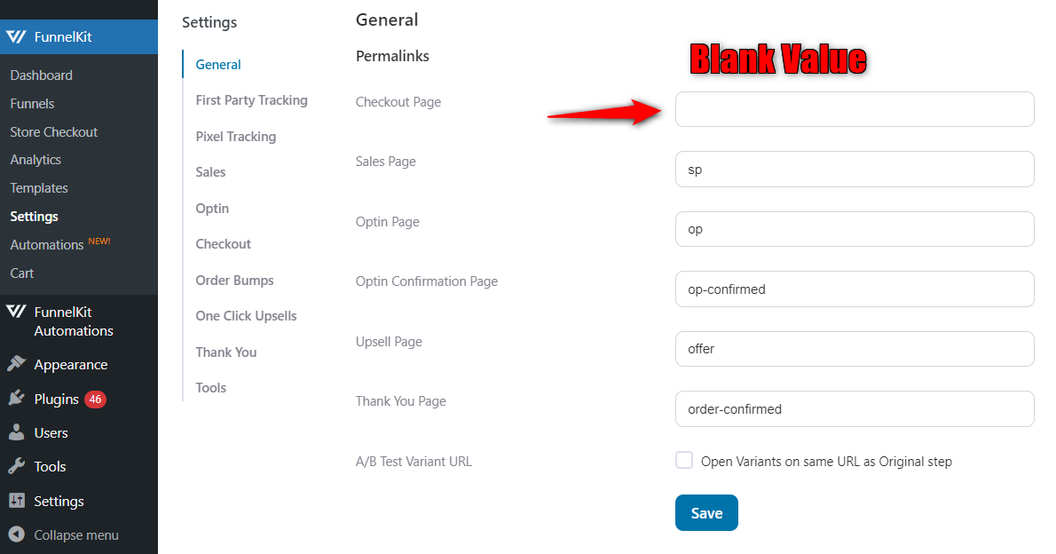 Remove the checkout slug when navigating to the FunnelKit Settings