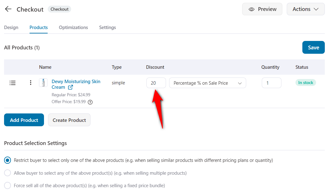 Configure the discount and set the quantity of the added product on your checkout page