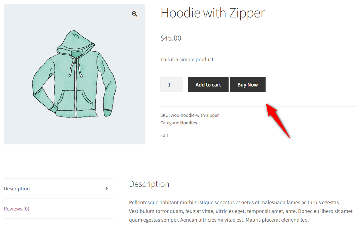 The woocommerce buy now button code displays the quick buy button on your product page
