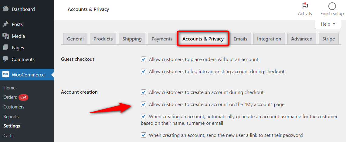 Go to woocommerce accounts & privacy settings and configure account creation settings
