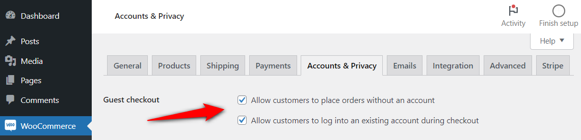 Go to woocommerce settings and configure guest checkout options