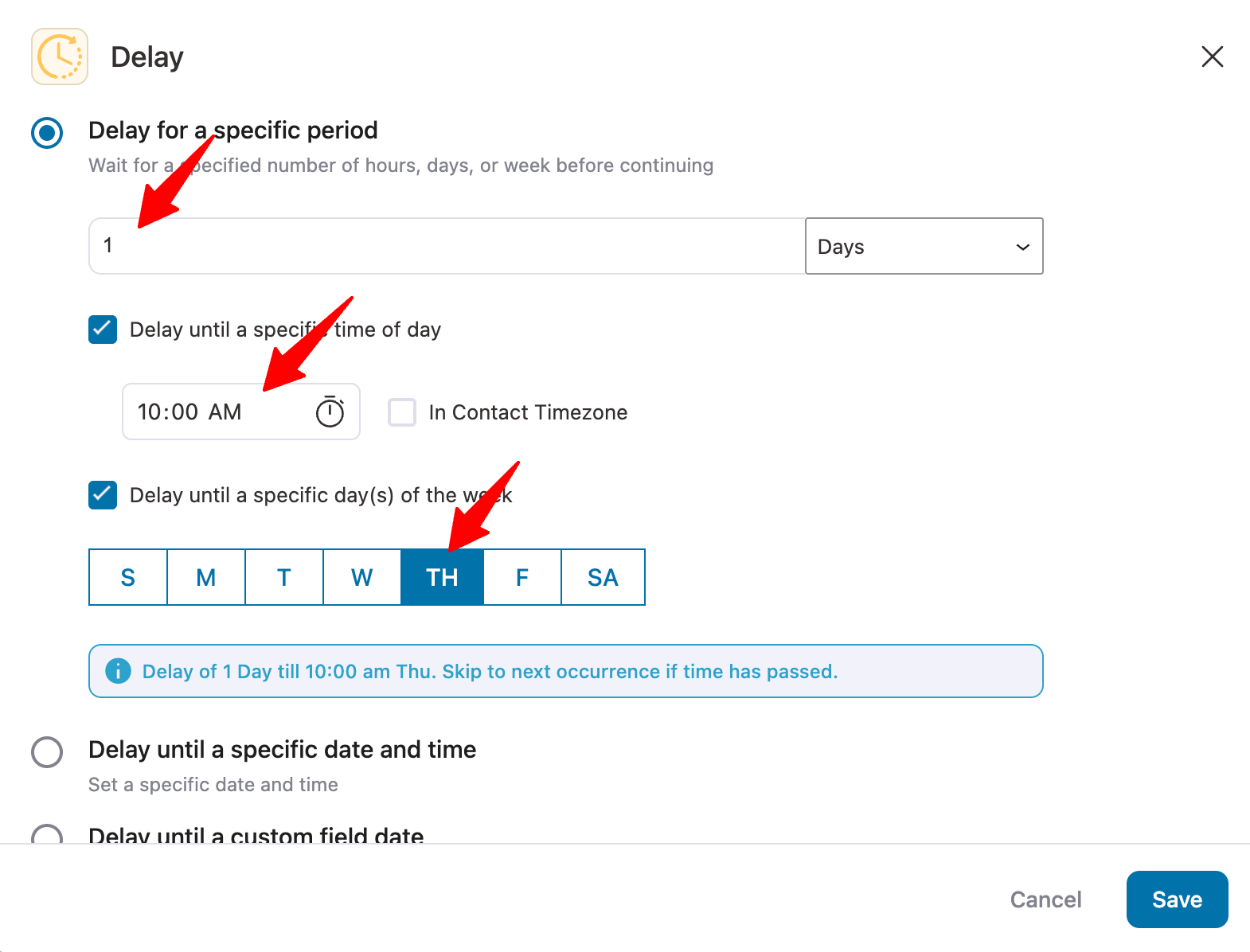 If you set a delay with a minimum wait (e.g., 1 day) followed by a delay until a specific time of day and day of the week (e.g., 10-00 AM Thursday)