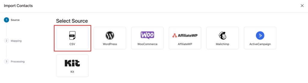 Next, select CSV as the source.