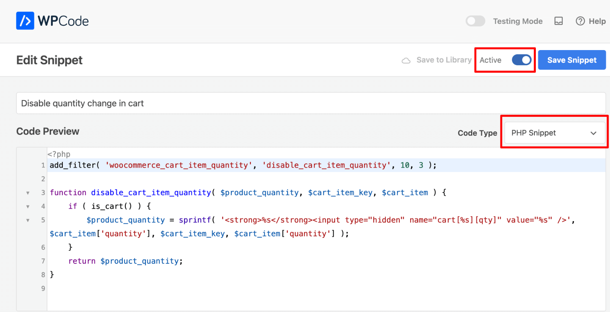 add code snippet to disable cart quanity