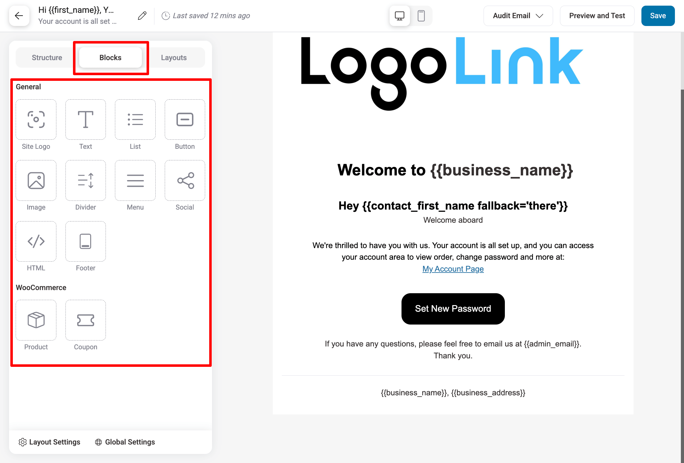 add new content by dragging and dropping different blocks, such as text, image, social media links etc.