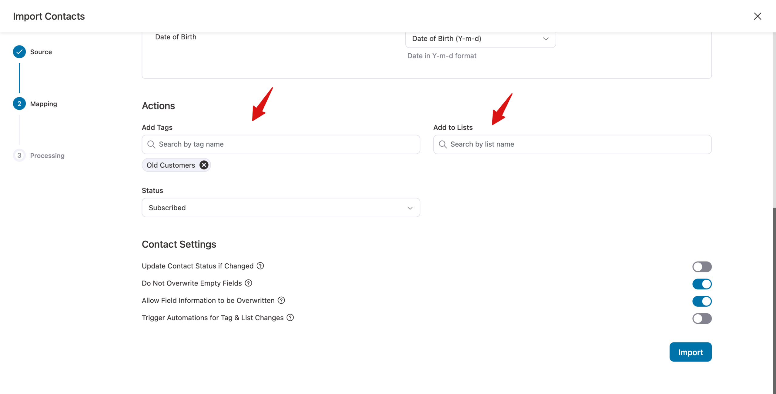 add tags and lists to contact csv